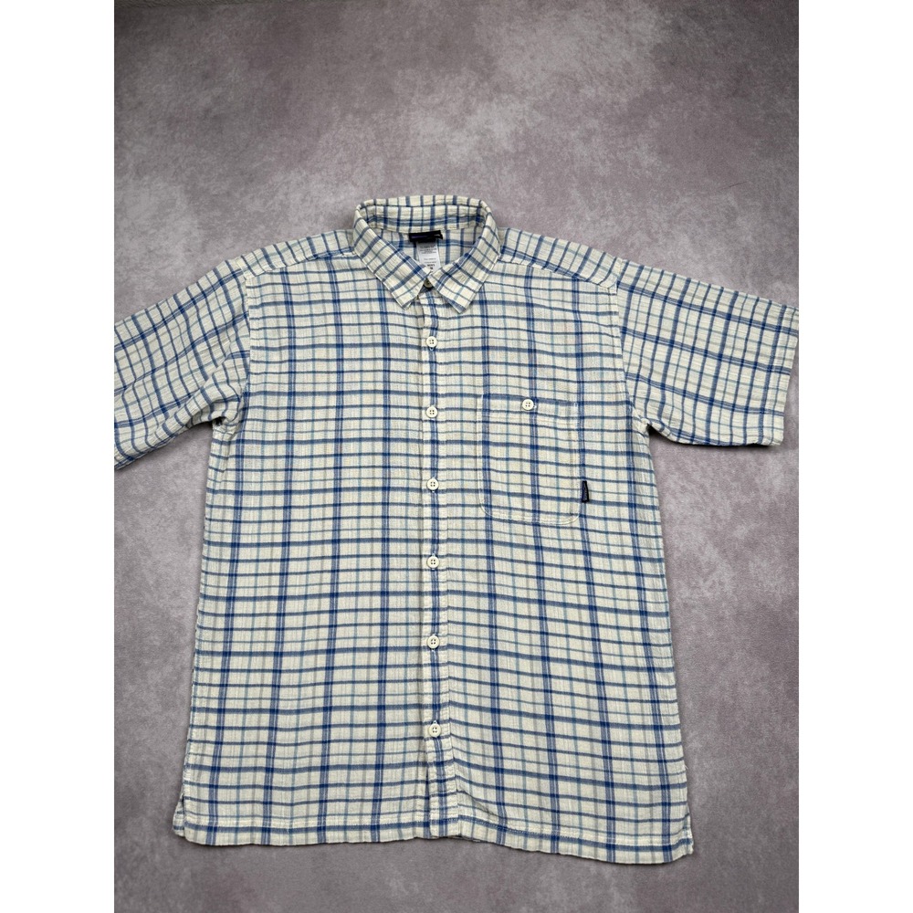 Patagonia Mens  M Organic Cotton Plaid Short Sleeve Button Down Shirt Blue Cream